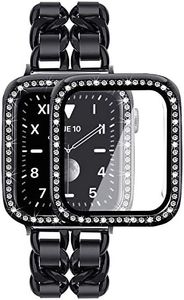 Mosonio Compatible for Apple Watch Band 46mm with Screen Protectors Case Women, Jewelry Metal Bands with 2P Bling Case Cover for iWatch Series 10(Black Link with Black Leather)