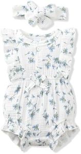 Renotemy 12-18 Month Girl Clothes toddler Summer Blue Floral Bubble Romper Outfits Ruffle Sleeveless Bodysuit Jumpsuit Baby Shower Gifts 1st Birthday for 1 Year Old Girls