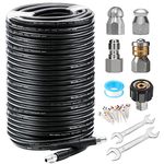 WEST Bay Sewer Jetter Kit 200 FT for Pressure Washer, 5800 PSI Drain Cleaner Hose 1/4 Inch NPT Corner Rotating and Button Nose Sewer Jetting Nozzle Spanner Watertight Tape Pearl Corsage Pin