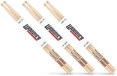 Woodies 5A Hickory Drumsticks 3-Pack – Long Drum Sticks with Short Taper, Round Wooden Tips – Premium Durable Build for Rock, Jazz, Practice, and Stage Performance