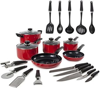 Morphy Richards Equip 20 Piece Cookware Set (4 Pots + 2 Saucepans + 14 Utensils), Red, Aluminium