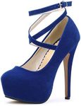 OCHENTA Women's Ankle Strap Platform Party Closed Toe Dress High Heels Pumps, #10 Blue (Beige Sole), 11