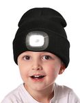 MELASA LED Beanie Hat with Light for Kids, Unisex USB Rechargeable Hands Free LED Headlamp Hat, Winter Knitted Night Light Beanie Cap Flashlight Hat, Gifts for Kids Boys Girls (Black)