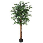 SOGUYI 150cm Artificial Ficus Tree with Natural Wood Trunk, Silk Fake Ficus Tree in Plastic Nursery Pot, Faux Plant for Office Home, Indoor Outdoor Decor, 1 Pack