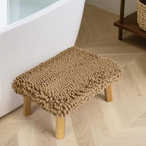 Sunlit One Step Stool with Absorbent Chenille, Stool Holds up to 550 lbs, Non-Slip Natural Wood Color Foot Stool, Wooden Step Stool for Adults, Step Stools for Kids, Bathroom, Gray & White