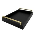 Montecito Home Decorative Coffee Table Tray - Faux Leather - Ottoman Tray - Breakfast, Drinks, Liquor Serving Tray - Farmhouse to Modern - Matte Finish - Brushed Champagne Gold Handles (Pitch Black)