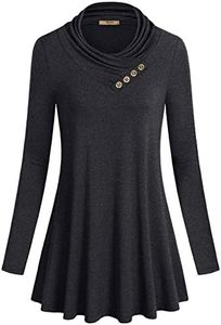 Miusey Thanks Giving Tops, Womens Fall Tunic Ladies Long Sleeve Casual Cowl Neck Shirt Rouched Swing A Line Loose Comfort Solid Color Blouse Charcoal Black XL
