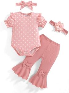 Vibebox Baby Girl Clothes 6-9 Months Summer Short Sleeve Outfits Spring Coming Home Clothing Infant Girls 9-12 Months Pink Polka Dots Ruffle Romper Tops Bell Bottoms Pants Sets with Floral Headband