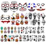 Yazhiji 42 Sheets Halloween Temporary Tattoo Family Set Day of Dead Pumpkin Ghost for Women Black Fake Death Skull Skeleton Tatoos for Men Boy and Girl, Halloween Zombie Makeup Tattoo Kit