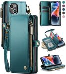 Defencase iPhone 14 Case, iPhone 14 Wallet Case for Women and Men RFID Blocking with Card Holder Slots Zipper Pocket Book Flip PU Leather Protective Cover for iPhone 14 Phone Case [6.1"], Blue Green