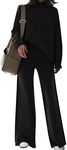 Meenew Women's 2 Piece Sweatsuits Long Sleeve Knit Sweater Wide Leg Pants Outfits Loungewear Set, W-black, Large