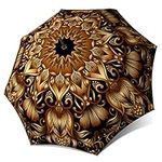 Extra Large Umbrella Windproof - Stick Designer Umbrella for Women - Colourful Rain Umbrella with J Handle - Gold Floral Umbrella Design - Fashion Umbrella Strong Durable for Wind