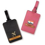 The Junket Personalized Luggage Tags for Men & Women (Pack of 2) | Leather Travel Tags with customized Name and Charms | Handcrafted Customized gifts for couple with Adjustable belt (Black & Pink)