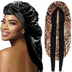 2Pcs Bonnets for Black Women Braid Bonnet, Large Long Satin Bonnet for Braids Sleeping, Black Women Silk Bonnet with Stretchy Tie Band Sleep Bonnet Cap for Long Curly Hair Braids (Black & Leopard)