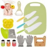 BEYUDG 13Pcs Kitchen Knives Set Plastic Kids Knife for Chopping Reusable Toddler Safe Wooden Children's Cooking Knives with Crinkle Cutter/Fruit Cutters Shapes/Peeler/Cut Protection Glove