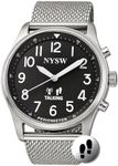 NYSW Men’s Atomic Time Sync Analog Pedometer Watch, Walking Step Counter, Calories & Miles, American Voice Announces Time/Date & Steps, No Bluetooth No EMF, Large Display, Stainless Steel Band SL-BK