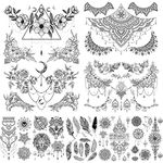 glaryyears 8 Sheets Mandara Chests Tattoos for Women, Black Flower Leaf Lion Wolf Dreamcatcher Designs Underboob Temporary Tattoo Stickers on Chest Waist Waterproof Body Art Large Size