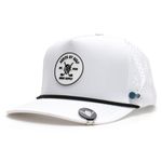 BRIMZ Golf Performance Hat - Tee Holder & Magnetic Ball Marker - Breathable, Sweat & Water Resistant Golfing Snapback Hat, Death By Golf - White, One Size