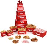 Merry Christmas and Happy New Year 6 Tier Indulgence Gift Basket Tower with Fresh Nuts and Snacks - Gourmet Food Gift for Men & Women. (Food Selection May Vary)