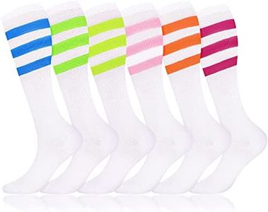 Syhood 6 Pairs Neon Knee High Socks Colorful Roller Skate Socks Striped Socks Over The Calf Tube Socks for Women Girls(White, Mixed Colors Stripes)