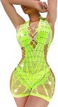 himifuns Fishnet Body Suits Rompers Jumpsuits Rhinestone Bodysuit Rave Outfits for Women, Chartreuse, One size