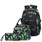 goldwheat School Backpack for Boys Cool Camouflage Bookbags with Lunch Box Pencil Case 3pcs for Middle School, Green, Custom