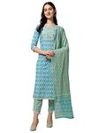 MIRCHI FASHION SOURBH Women's Straight Fit Cotton Blocks Printed and Embellished Kurta Set with Trouser Pant and Dupatta (RK9023-Aqua Blue, White-2XL)