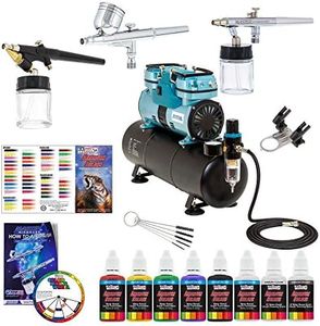 Powerful Master Airbrush Airbrushing System with 3 Airbrushes, 6 U.S. Art Supply Primary Colors Acrylic Paint Set - Cool Running 1/4 hp Twin Cylinder Piston Air Compressor with Air Storage Tank