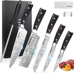 MOSFiATA 5PCS Kitchen Knife Set, Professional Sharp 8" Chef Knife & 7" Nakiri Knife & Utility Knives Set, German High Carbon Stainless Steel Chef Knife Set with Knife Sharpener Rod, Finger Guard Gift