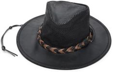 Minnetonka Fold-Up Outback Hat -Leather Brim Hat Made with Genuine Leather, Adjustable Chin Strap, and Fold-Up Design, Black, XL
