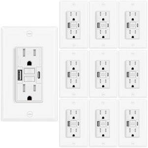 10 Pack 15A GFCI Outlet with USB Ports(Type A & C, 4.8A/24W Total Output), GFI Electrical Outlet with 2 USB Charging Ports- Self-Test Tamper-Resistant with LED Indicator, ETL Listed, White