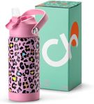 Choco Mocha Kids Insulated Water Bottle for Girls with Straw Lid, 450ml/14Oz Todder Children's Stainless Steel with Handle for School, Pink Leopard