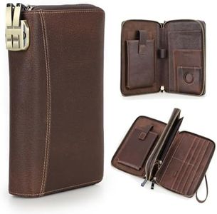 Contacts Full Grain Leather Airtag Passport Holder Travel Clutch Wallet with Code Lock Phone Organizer Large Wristlet Zipper RFID Purse, Deep Brown, Business
