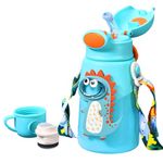 JOYFILLS 3D Animal Kids Water Bottle – 2-in-1 Stainless Steel Sipper Cum Thermos Flask with Straw & Cup | Insulated, Leak-Proof | 316 Steel Bottle for School, Play, Travel (Light Blue Dino - 500 ml)
