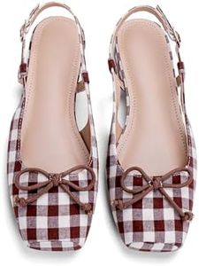 Lhamo Latso Brown Ballet Flats 1 Inch Low Block Heel Comfortable Ballerina Flat Bow Dressy Flats Shoes for Women Slingback Flat Satin 8.5