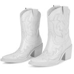 wetkiss Short Cowboy Boots Series for Women, with Embroidery Design, Chunky Heel and Side Zipper, Comfortable and Stylish, #1 Matte White, 7.5