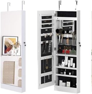 Soges Wall/Door Mounted Jewelry Armoire Cabinet with Full Length Mirror, Lockable Jewelry Chest Jewelry Organizers Cabinet with LED Lights, Jewelry Armoire Mirror Cabinet, 10QHXFMC11WH-02-CA