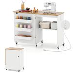 Giantex Folding Sewing Table with Charging Station, Rolling Craft Table with Storage Trays & Shelf, Foldable Sewing Machine Cabinet Desk with Lockable Wheels for Small Spaces (White & Natural)