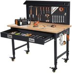 ACONEE 48" Workbench Heavy Duty, Adjustable Height Workstation with Drawer Storage, Backplate, 2000 LB Load Capacity, Multipurpose Rubber Wood Shop Table with Power Outlets, Hooks, Garage Storage