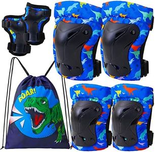 FIODAY Knee Pads for Kids Dinosaur Knee Elbow Pads Wrist Guards with Drawstring Bag Adjustable 7 in 1 Protective Gear Set for Boys Inline Skating Bike Cycling Skateboard Scooter, 3-8 Years, Deep Blue