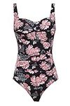 Aidotop Womens One Piece Swimsuit Tummy Control with Ruched Monokinis Tribal Swimsuits (Black Pink Flower, M)