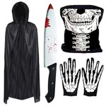 Adult Skeleton Costume - 4pc Skeleton Mask Skeleton Gloves Fake Knife with Fake Blood Knife Prop and Grim Reaper Robe - Skeleton Halloween Costumes for Men - Grim Reaper Costume Adult Skeleton Outfit