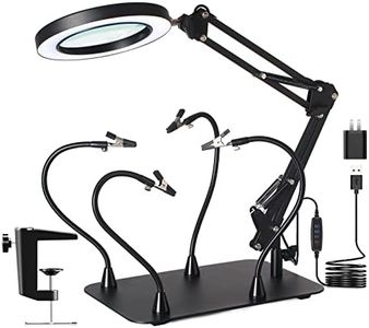 KUVRS 10X Magnifying Glass with Light and Stand, Flexible Magnetic Helping Hands, Large Base & Clamp Magnifying Lamp, 3 Color Adjustable Arm Hands Free Magnifier with Light for Soldering Craft Hobby