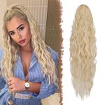 FESHFEN Long Ponytail Extensions, Drawstring Clip in Curly Wavy Hairpieces Synthetic Ponytails Hair Piece Pony Tail Extension for Women, Blonde Highlighted Bleach Blonde 26 inch