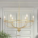 ADSENSTY Gold Chandelier Light Fixture 6 Light Modern Farmhouse Chandelier for Dining Room，28'' Round Industrial Candle Vintage Chandelier Over Table for Kitchen Island Living Room