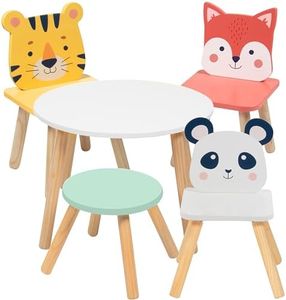 Kids Wooden Animal Table & Chair Set w 4 Seats- Tiger Panda Fox & Adult Stool- Arts & Crafts Coloring, Dining, Pretend Play- Durable Playroom Furniture, Home Daycare Classroom- Toddler Activity Center
