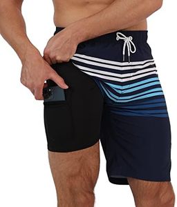 Arcweg Mens Swim Trunks with Compression Liner 2 in 1 9" Swimming Trunks Quick Dry Men's Swimwear for Surfing Beach Shorts, Blue Stripe Gradient, Medium