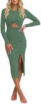 Pink Queen Women's Elegant Cutout Slim Bodycon Outfit Dress Crosscriss Twist Pleated Dinner Dresses Long Sleeve Round Neck Ribbed Knit Sheath Dress Holiday Light Green M