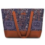 The Purple Tree Handcrafted Women's Tote Bag with Vegan Leather Handles, Tribal Print Shoulder Tote Bag and Handbag for Office and College, Oversized Tote Bag (Pack of 1) Contemporary, blue