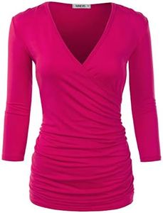 DOUBLJU 3/4 Sleeve Fitted Deep V-Neck Surplice Tops for Women with Plus Size - Pink - Medium